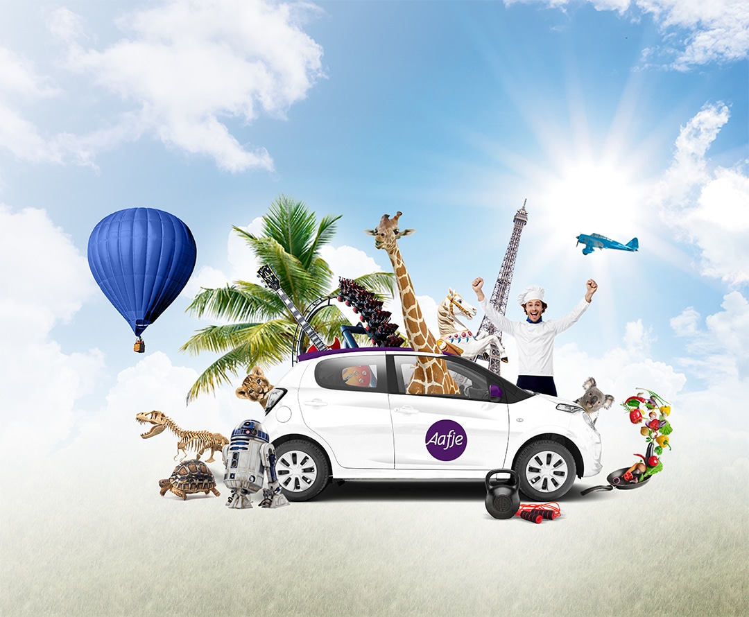 allemaal aafje ledenvoordeel - een auto met daar omheen alle uitjes gevisualiseerd, zoals een vakantie.